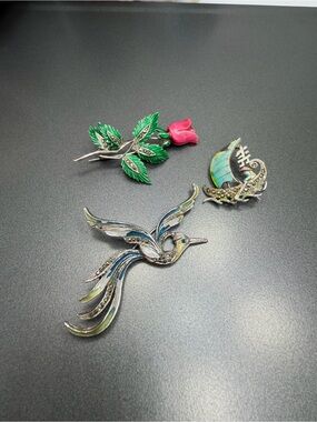 Vintage Enamel  Bird ,Ship and Rose Brooch Set Marcasites #289UB